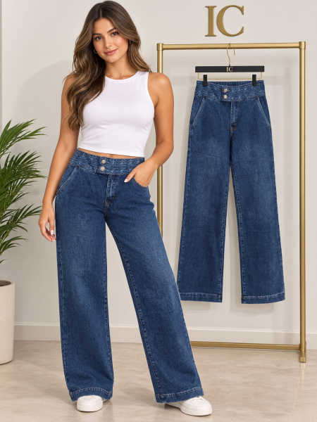 Jeans rectos cinturilla bordada